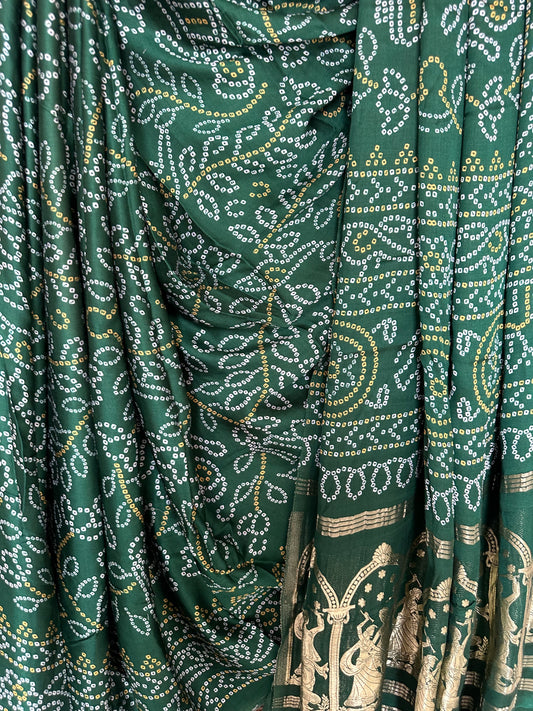 GREEN   BANDHANI  MODAL SILK PATOLA PRINT SARI WITH NAKSHI ZARI BORDER  PMS- 1051