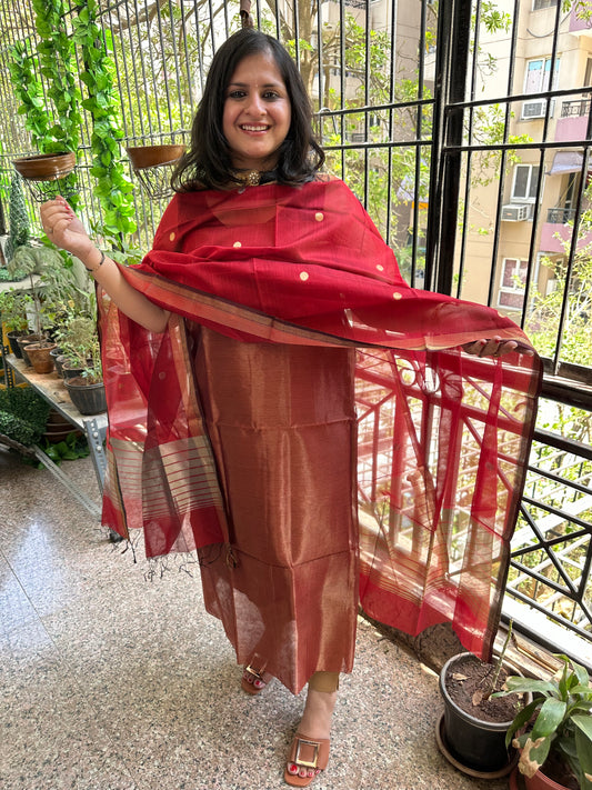 GOLDEN RED  TISSUE  MAHESHARI SILK HANDLOOM KURTA SET