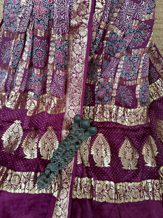 JAM PURPLE MODAL SILK AJRAKH HANDCRAFTED GHARCHOLA DUPATTA WITH AJRAKH PRINT IN NAKSHI BORDER