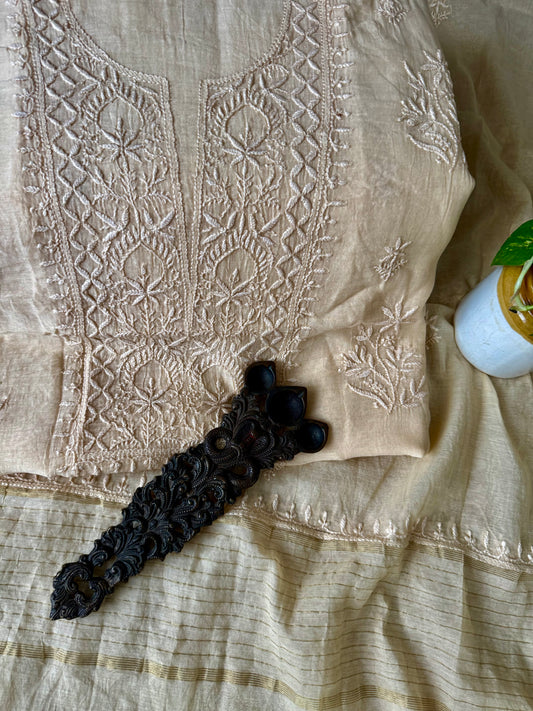 CORAL PEACH PREMIUM  MULL CHANDERI LUCKNOWI CHICKENKARI HAND EMBROIDERY THREE PIECE SUIT