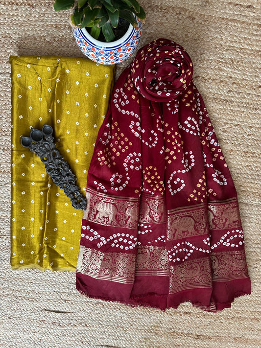 MUSTARD SINGLE DOT MASHRU  SILK KURTA WITH  BANDHANI DOTS HANDCRAFTED MODAL SILK DUPATTA PS- 10156
