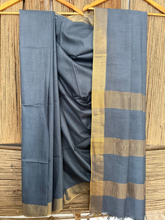 BEAUTIFUL GRAY COLOUR HANDBLOCK PRINTED SARI IN SEMI TUSSAR WITH BLOUSE