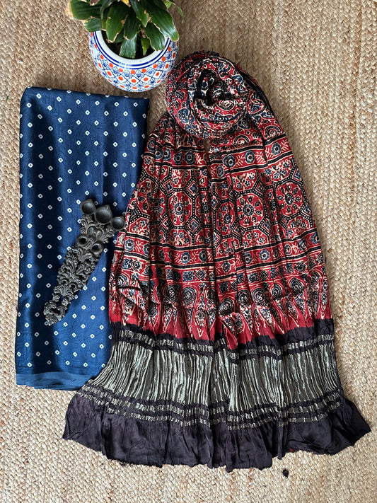 BLUE MASHRU SILK KURTA WITH AJRAKH HANDCRAFTED MODAL SILK DUPATTA MAK -3