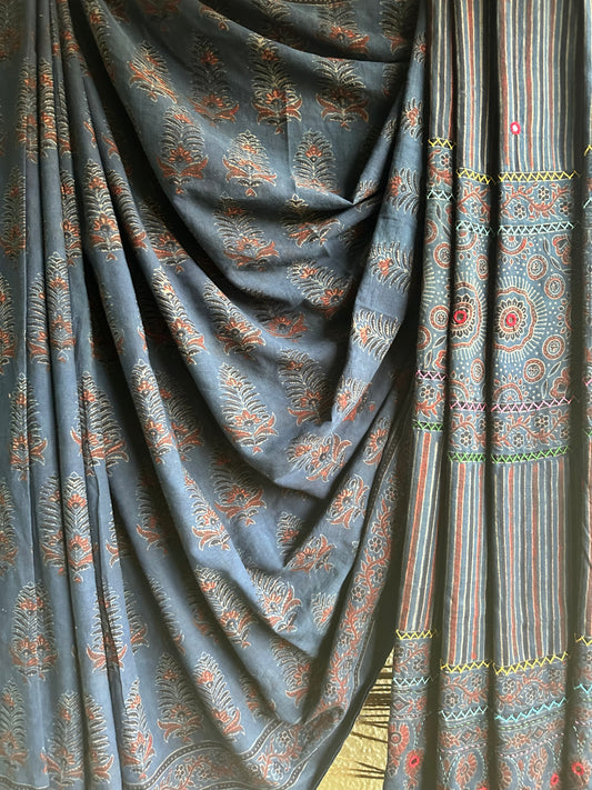 BLUE COTTON AJRAKH HANDEMBROIDERY SARI