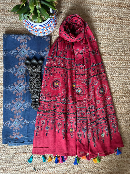 BLUE AJRAKH HANDBLOCK AND HAND EMBROIDERY KURTA WITH  AJRAKH HAND EMBROIDERY DUPATTA