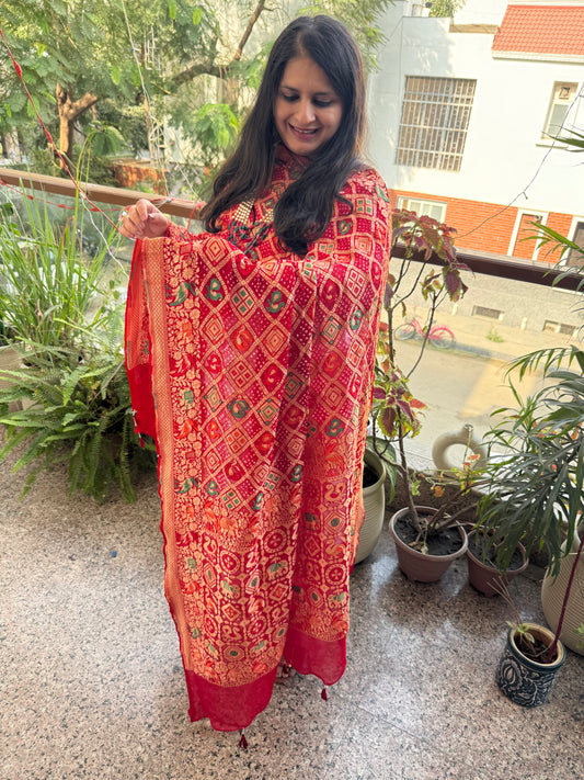 Red Handwoven Bareek Bandhani in Meenakari Jaal  Premium Georgette dupatta