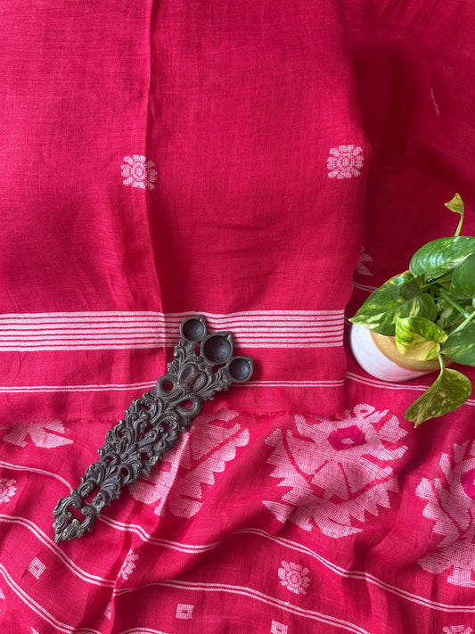 RED PINK PURE JAYSHREE  LINEN JAMDANI HANDWOVEN KURTA SET