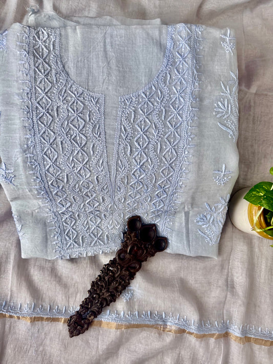 PIGEON BLUE PREMIUM  MULL CHANDERI LUCKNOWI CHICKENKARI HAND EMBROIDERY THREE PIECE SUIT