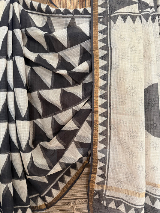 Beige kota doria handblock sari