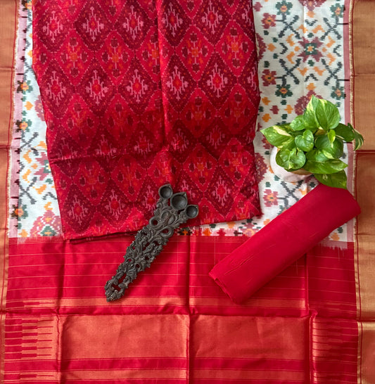 Red raw silk ikkat hanwoven kurta with ikkat patola pure  silk handwoven dupatta