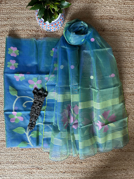 BLUE & GREEN DUAL SHADE HANDWOVEN JAMDANI PURE MUSLIN SILK KURTA SET MJK-66