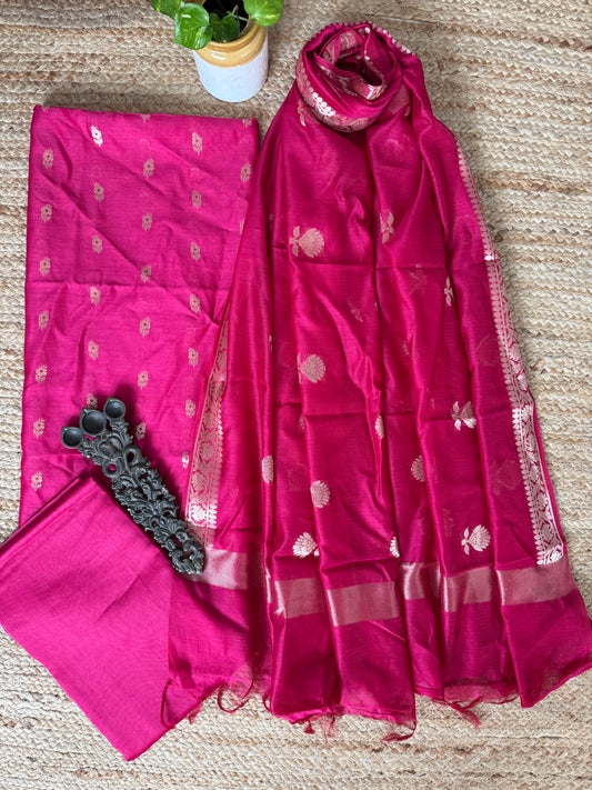 Deep Pink Chanderi handloom  banarsi booti three piece suit