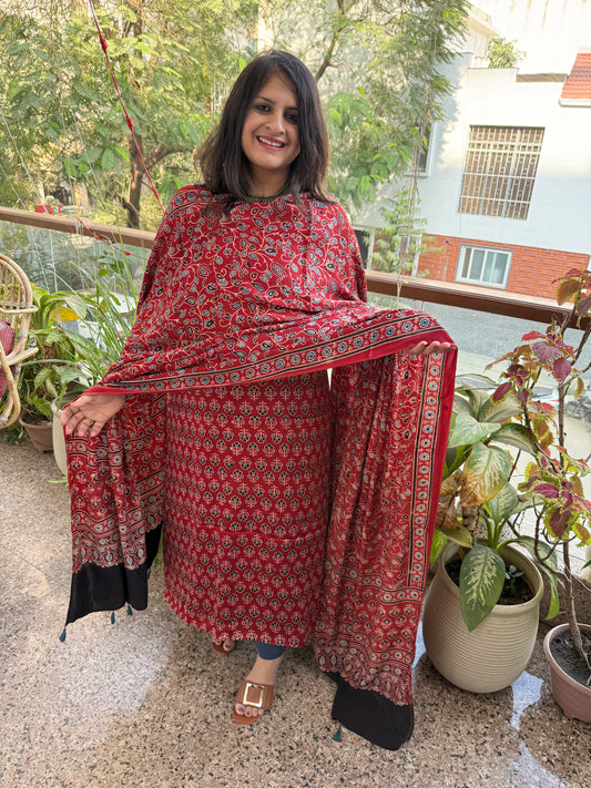 MAROON AJRAKH MODAL SILK HANDBLOCK KURTA SET