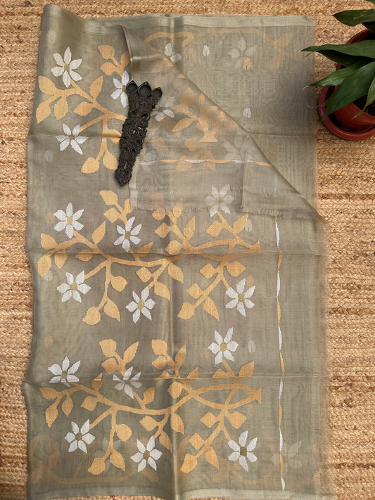 GREY JAMDANI HANDWOVEN PURE MUSLIN SILK SARI