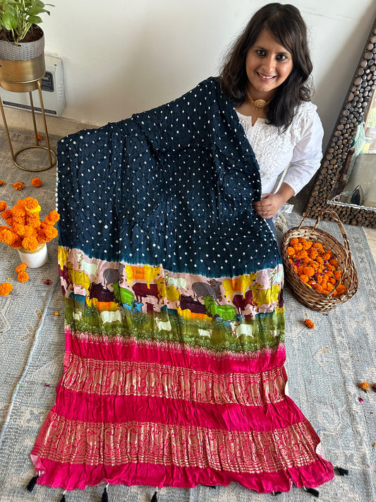 PURPLE PINK SILK BANDHANI DUPATTA WITH PICHWAI PRINT IN NAKSHI BORDER