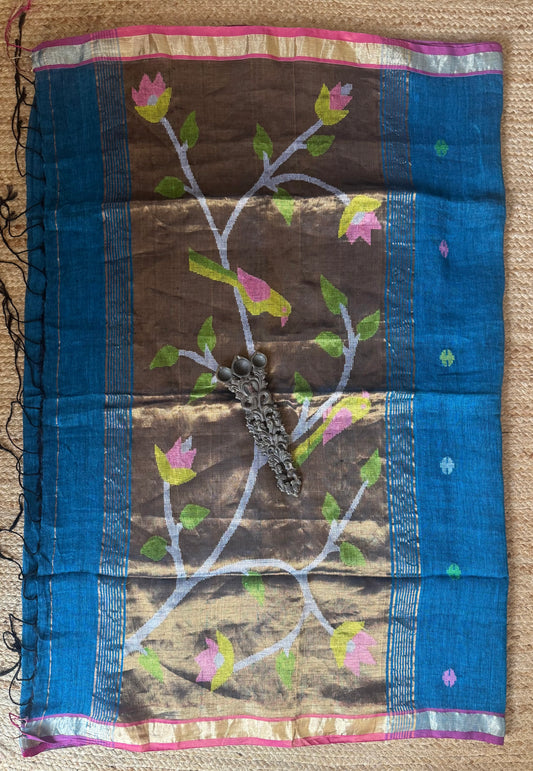 DENIM BLUE HANDWOVEN PURE LINEN SILK JAMDANI SARI WITH ZARI PALLU