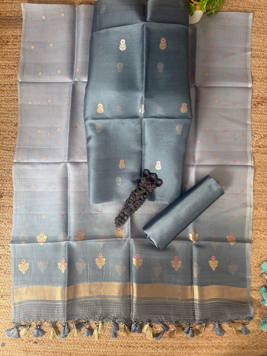 Ash Grey kora silk certified handloom banarsi kadwa booti meenakari Ombré Shade Duppatta three piece suit