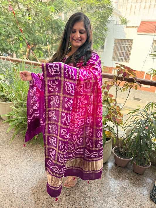 PINK & PURPLE HANDWOVEN HANDCRAFTED GAJJI SILK GHARCHOLA DUPATTA GGD-6