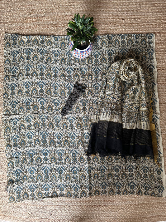 IVORY AJRAKH  LINEN SILK HANDBLOCK SUIT SET