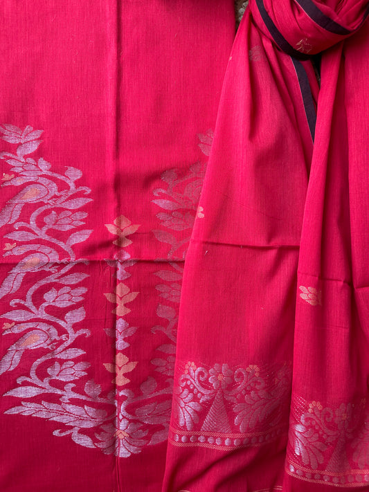 MAGENTA PINK JAMDANI WOVEN MULL KURTA SET