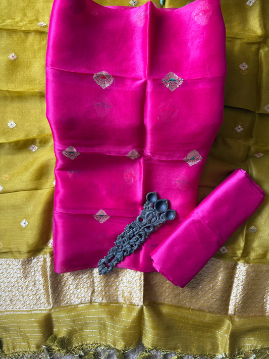 Wild Berry Pink kora silk certified handloom banarsi kadwa booti meenakari three piece suit