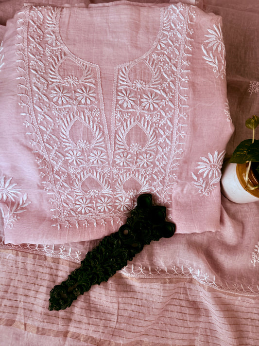 LIGHT PINK PREMIUM  MULL CHANDERI LUCKNOWI CHICKENKARI HAND EMBROIDERY THREE PIECE SUIT