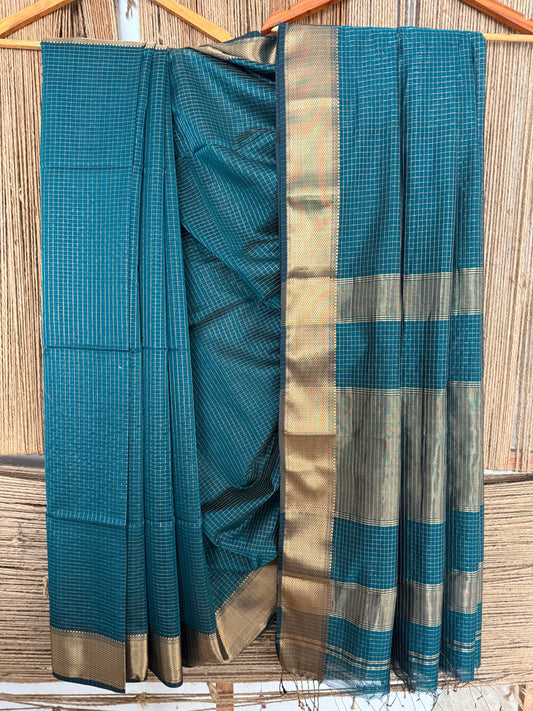 PEACOCK BLUE CHEQ MAHESHWARI SILK HANDLOOM SARI WITH MAHESHWARI BORDER