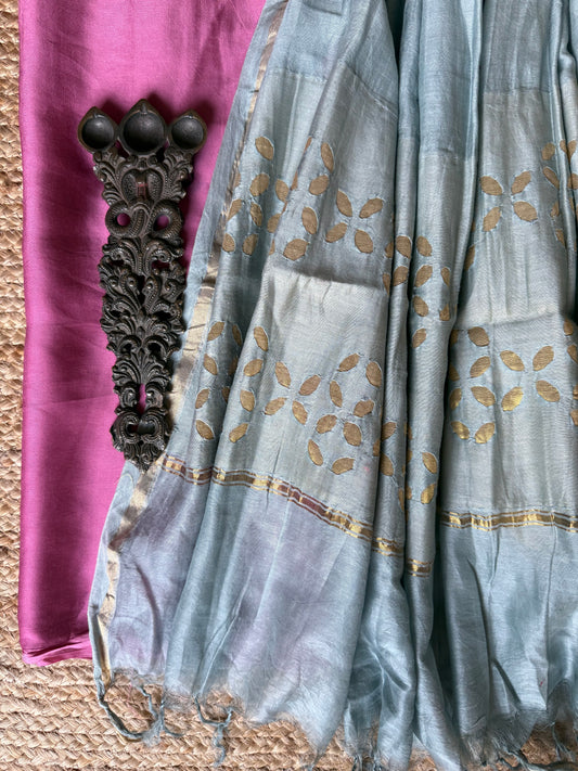 PINK MODAL SILK KURTA WITH APPLIQUE HANDCRAFTED COTTON DUPATTA SET