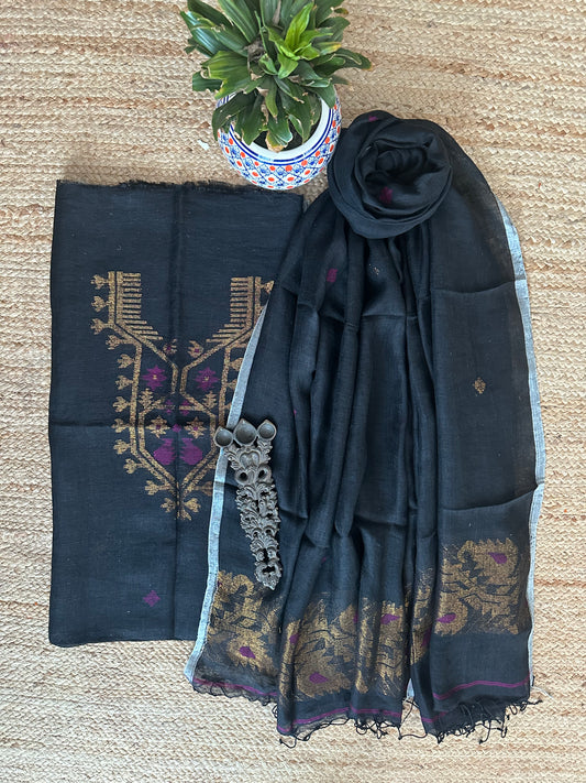 BLACK WOVEN LINEN  KURTA SET LJS- 1031