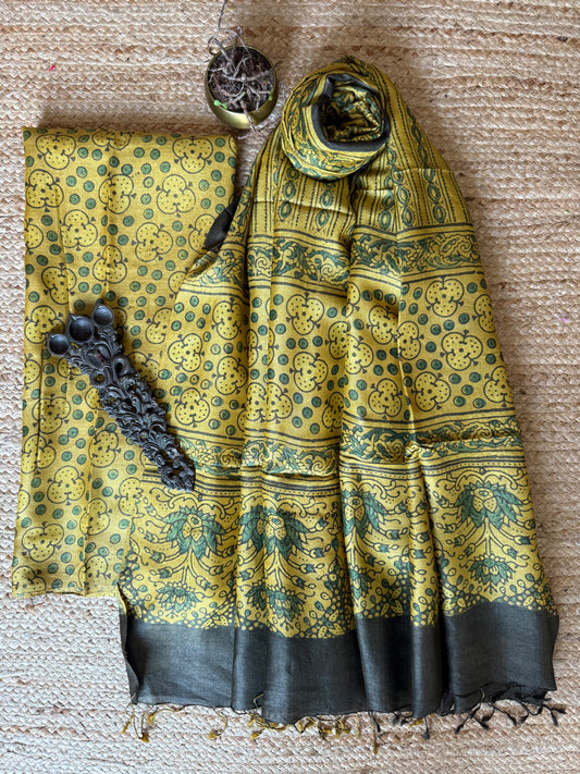 Mustard yellow ajrakh tussar silk handblock suit set tss- 7