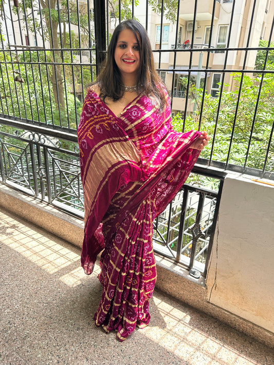 PURPLE GAJJI SILK RAI BANDHANI  GHARCHOLA SARI