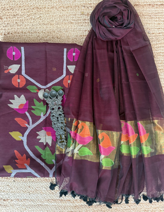 Brown Coffee handwoven jamdani pure cotton silk kurta set mjk-