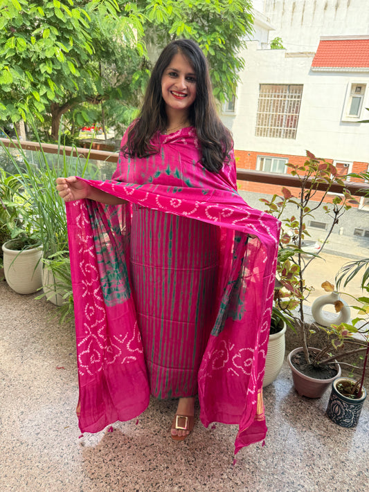 Pink & Green Modal Silk Shibori Kurta with Bandhani Shibori  handcrafted Modal Silk Dupatta