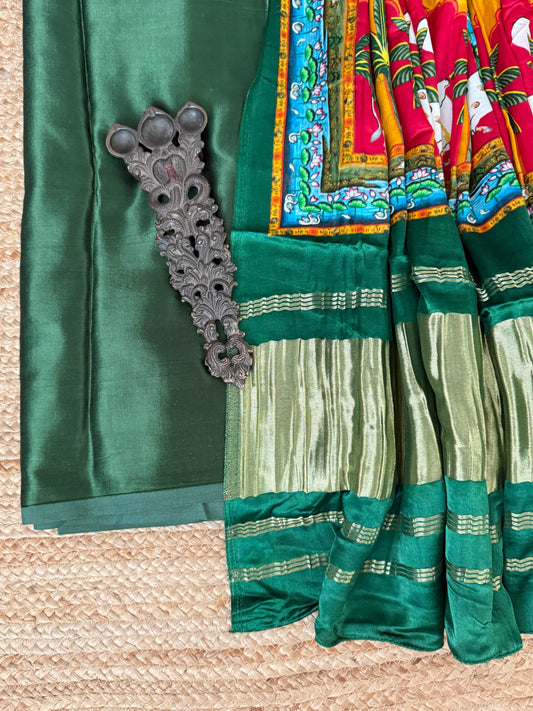 Green patola mashru silk kurta with  patola pichwai handcrafted modalsilk dupatta