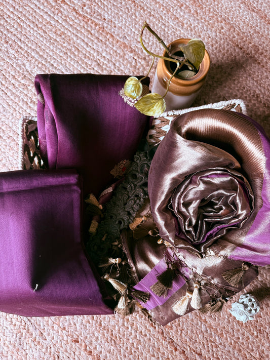 Midnight Purple Meenakari Kora silk certified handloom Banarsi kadwa Booti three piece suit   CBS-55