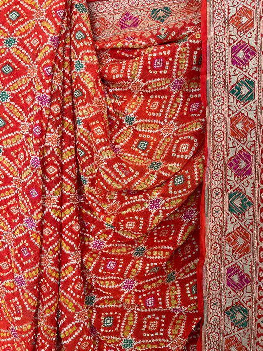 Candy Apple Red Handwoven Neem Zari Bareek Bandhani Saree with Khaddi Georgette with Meenakari Work BS- 13