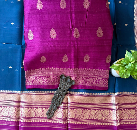 Orchid Purple raw silk certified handloom banarsi kadwa butti with woven zari three piece suit