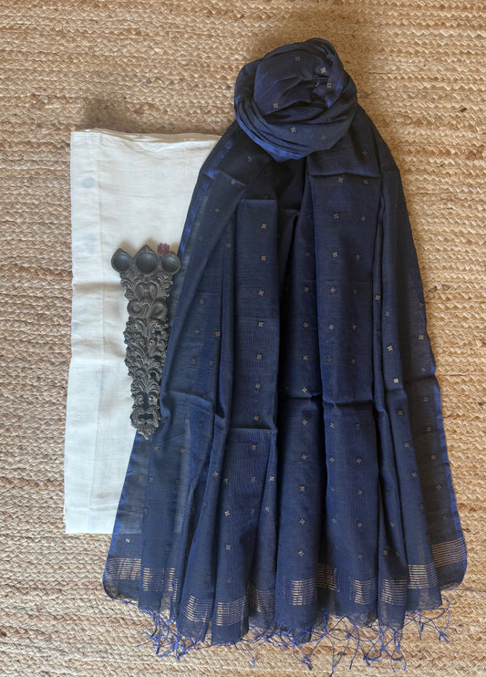 WHITE  HAND WOVEN JAMDANI MULL COTTON KURTA WITH SEQUENCE DUPATTA