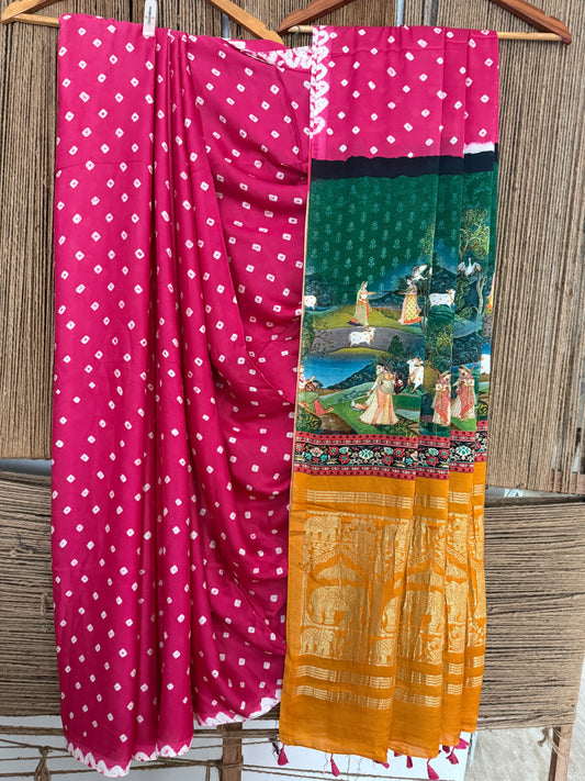PINK & YELLOW MODAL SILK BANDHANI  SARI WITH PICHWAI PRINT BPS 41