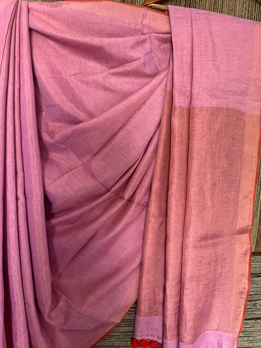 BLUSH PINK GOLD TISSUE LINEN ZARI SARI WITH WOVEN RED BORDER