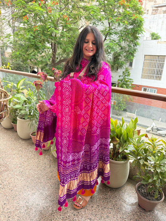 Mustard Gajji and Purple pink ombré shade Handwoven Bareek Bandhani dupatta  in pure Gajji  kurta Set