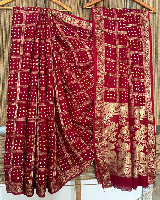 Garnet Maroon modal silk gharchola bandhani sari