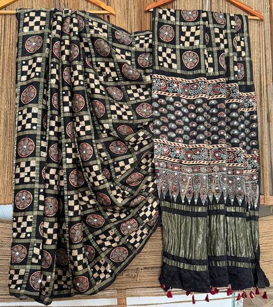 SHADOW BLACK AJRAKH HANDCRAFTED MIRROR WORK (PASTING)GHARCHOLA MODAL SILK SARI WITH ZARI PALLU
