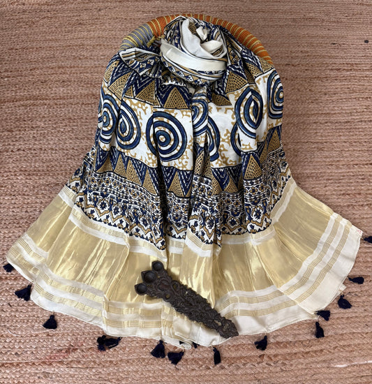 Beige ajrakh silk zari woven dupatta