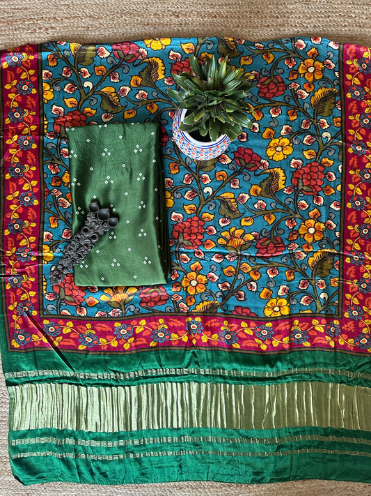 GREEN TRIANGLE BANDHANI PATOLA PICHWAI MASHRU  SILK KURTA WITH  HANDCRAFTED MODAL SILK DUPATTA