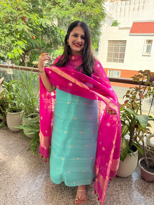 Turquoise Blue Kora silk certified handloom Banarsi kadwa Booti three piece suit