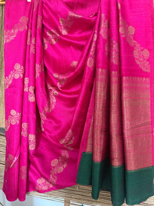 Shocking pink raw silk certified  handloom banarsi sari with woven zari