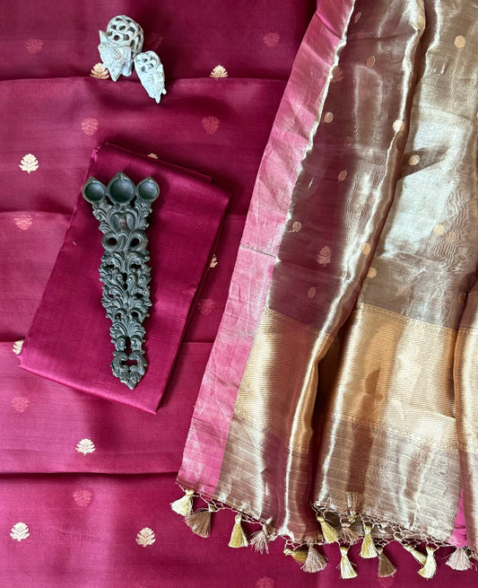 Deep Maroon Meenakari Kora silk certified handloom Banarsi kadwa Booti three piece suit   CBS-55