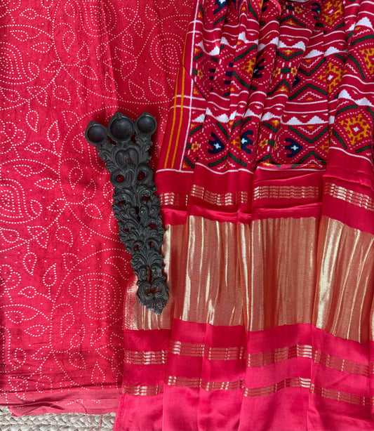 Red mashru silk kurta with patola handcrafted modal silk dupatta ps-235
