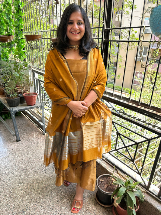 GOLDEN MUSTARD TISSUE  MAHESHARI SILK HANDLOOM KURTA SET